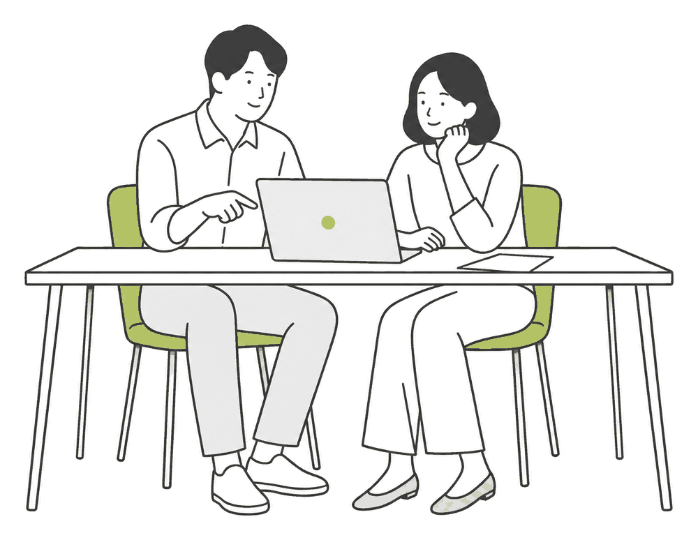 机を囲んでノートパソコンの画面を見ながら相談する担当者とお客さまのイラスト